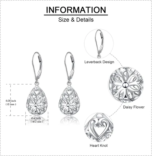 Vista 17 de Aretes colgantes de filigrana de plata de ley 925, margarita, loto, flor de rosa, piedra lunar, lágrima para mujer, nudo celta infinito, margarita