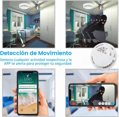 Vista 6 de Cámara con detector de humo 2K hecha a mano, 5000 mAh* 2 con detección de movimiento gran angular de 150°, visión nocturna, control remoto por
