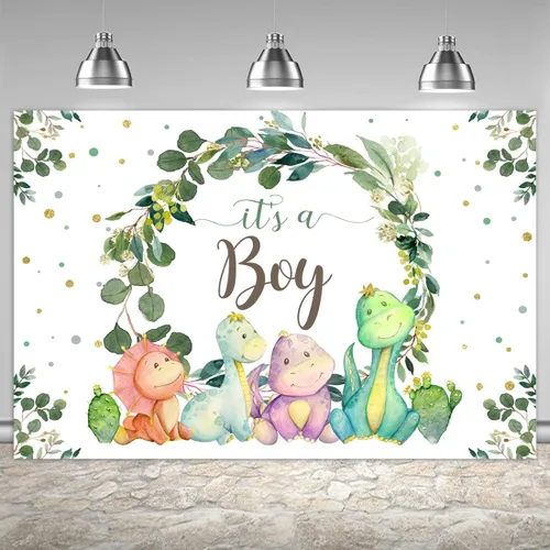 Vista 7 de Decoraciones de dinosaurio para baby shower para niño, telón de fondo de dibujos animados, cactus y hojas de eucalipto, fondo de fotografía