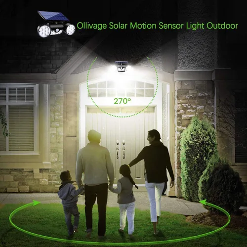 Vista 2 de Luces solares para exteriores, luces de seguridad con sensor de movimiento, luces solares de pared con focos de doble cabeza, LED, impermeables