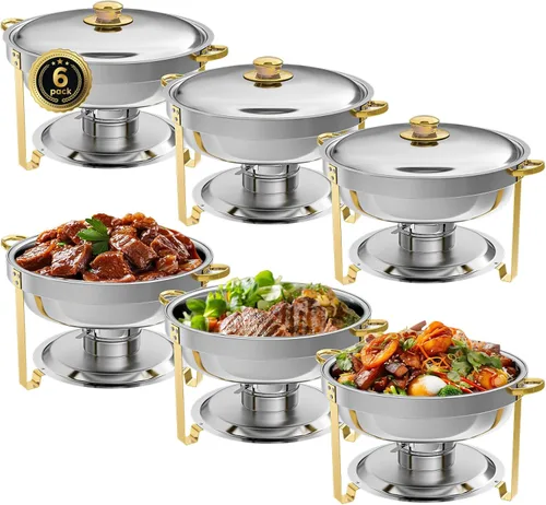 Vista 13 de IMACONE Juego de Bandejas Calentadoras de Buffet 4 Piezas, 5QT Redondas de Acero Inoxidable con Tapa de Vidrio para Catering, Conjuntos