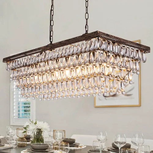Vista 9 de Wellmet Candelabro de cristal para comedor, lámpara de techo rectangular de cristal de bronce antiguo de 30 pulgadas, 4 luces, iluminación de isla