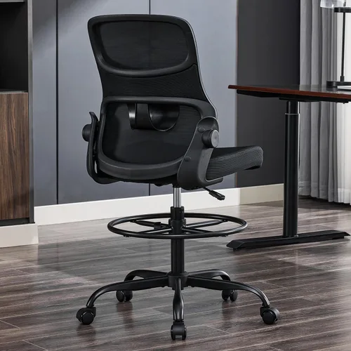Vista 9 de Silla de dibujo sin brazos, silla de oficina alta con anillo ajustable para el pie y soporte lumbar, silla de escritorio alta de malla ergonómica