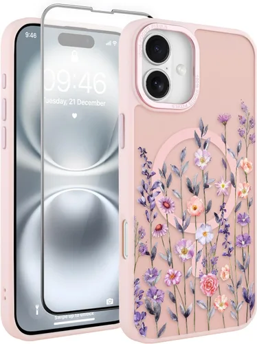 Vista 105 de Magnético para iPhone 13 con protector de pantalla [Compatible con MagSafe] Diseño de patrón floral de flores bonitas, funda delgada a prueba