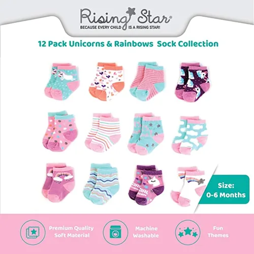 Vista 3 de Rising Star Calcetines para bebés - Niños y niñas, recién nacidos hasta 24 meses, calcetines tobilleros y cuello redondo