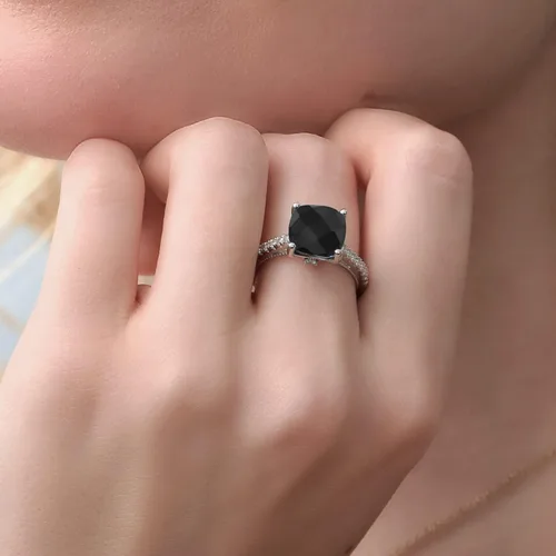 Vista 6 de Gem Stone King Anillo de compromiso de mujer de plata de ley 925 con ónix negro y zafiro blanco