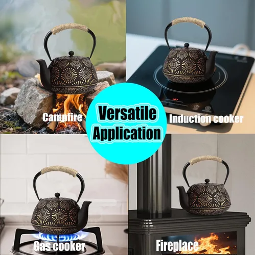 Vista 4 de Tetera japonesa de hierro fundido Tetsubin, hervidor de cocina recubierto de esmalte de 40 onzas (1200ml) con infusor de acero inoxidable y mango