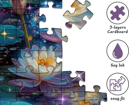 Vista 4 de Rompecabezas de flores de loto de ensueño para adultos, 1000 piezas, rompecabezas artístico de lirio de agua de fantasía con estrellas brillantes