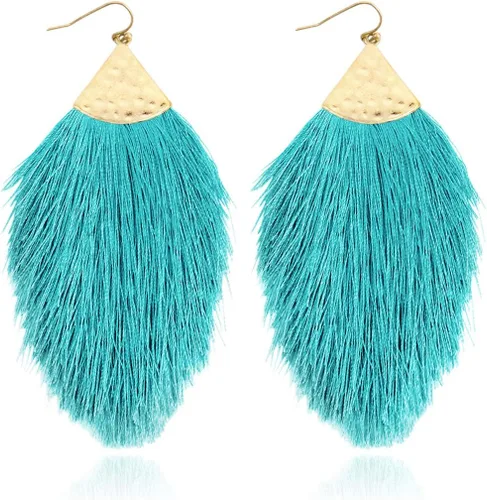 Vista 16 de Aretes bohemios de hilo sedoso con flecos y borlas – Ligeros, colgantes, con hebras y forma de pluma Fleco de plumas - Azul Aqua