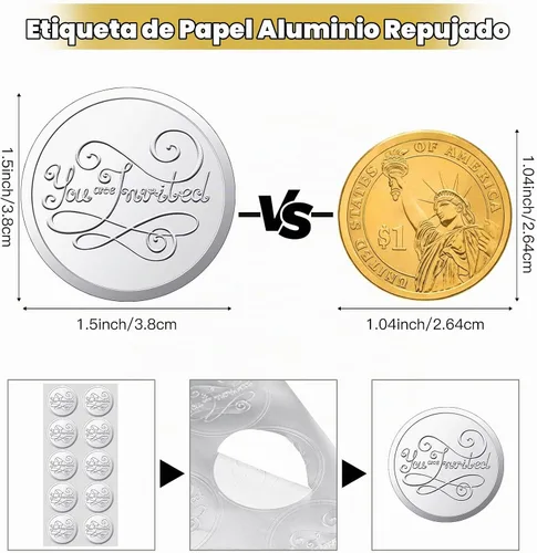 Vista 2 de 200 calcomanías en relieve para boda, redondas, sellos de papel de aluminio en relieve, calcomanías invitadas para sobres, invitaciones, decoración