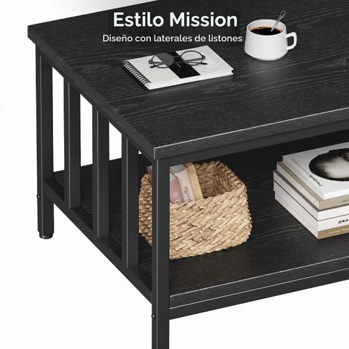 Vista 7 de Mesa de centro para sala de estar con marco de listones laterales, moderna mesa de sala de estar de granja con estante de almacenamiento de 2