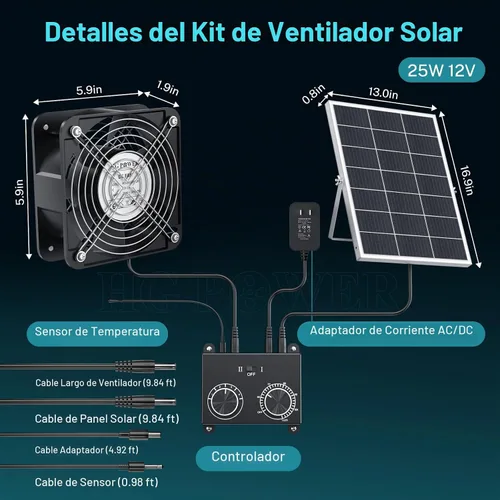 Vista 8 de HG Power Ventilador solar de 25 W para gallinero con termostato 24/7