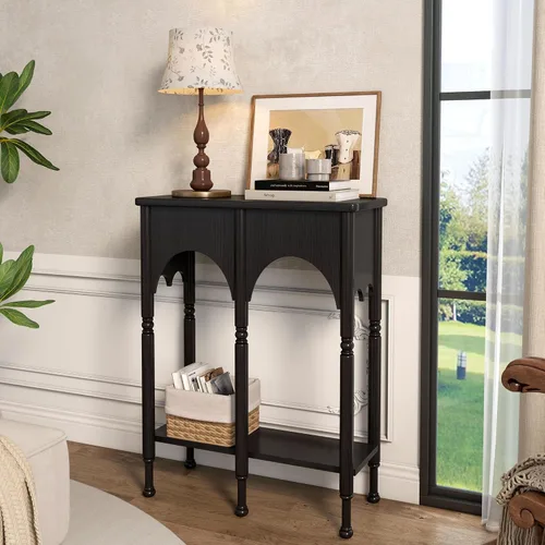Vista 5 de Mesa consola con estante de almacenamiento, mesa de entrada pequeña y estrecha de 28 pulgadas Mesa de madera vintage con patas de estilo romano