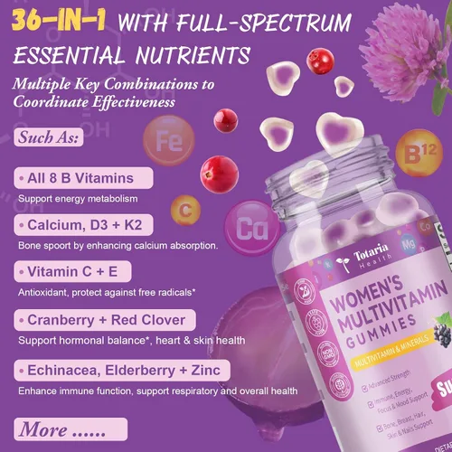 Vista 2 de Totaria Gomitas multivitamínicas sin azúcar para mujeres mayores de 14 años con hierro, inositol, folato, biotina, gomitas multivitamínicas diarias