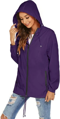 Vista 4 de Avoogue Chaqueta impermeable para mujer, ligera, transpirable, con capucha, rompevientos activos con bolsillo