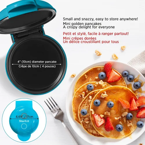 Vista 3 de Starfrit Mini máquina para hacer panqueques, antiadherente de 4 pulgadas, 350 W, color azul