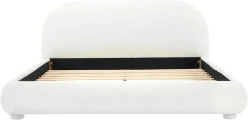 Vista 6 de Merax Cama de plataforma tapizada de tela Boucle tamaño Queen con cabecera curvada, marco de cama de madera moderno con patas cilíndricas para Crema