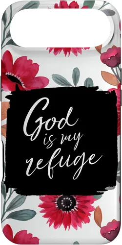 Vista 27 de God is My Refuge - Carcasa para iPhone 16, diseño de flores rojas con versículo bíblico del Salmo 91