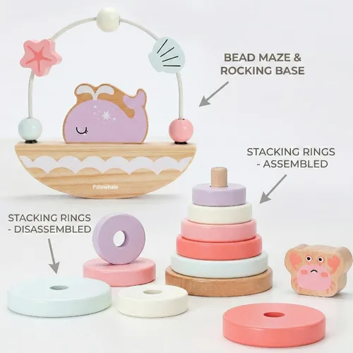 Vista 3 de Pillowhale Juego de juguetes de madera sensorial y educativo para niños pequeños de 1 a 3 años - Anillos para apilar, clasificador de formas, coche