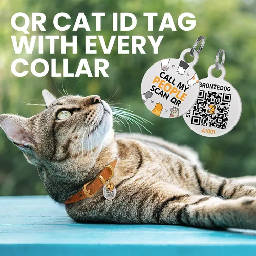Vista 3 de BRONZEDOG Collar de cuero para gato con campanas extraíbles sin liberación rápida, etiqueta QR para gatito para niña y niño