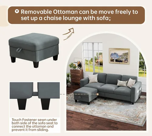 Vista 6 de Sofás modernos de 3 asientos para sala de estar con otomana de almacenamiento Sofá de terciopelo gris