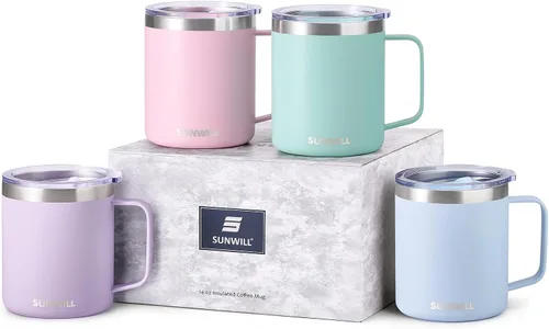 Vista 15 de SUNWILL - Taza de café de viaje con tapa, taza aislada con asa, taza de acero inoxidable de 14 oz para hielo, agua, té, color oro rosa