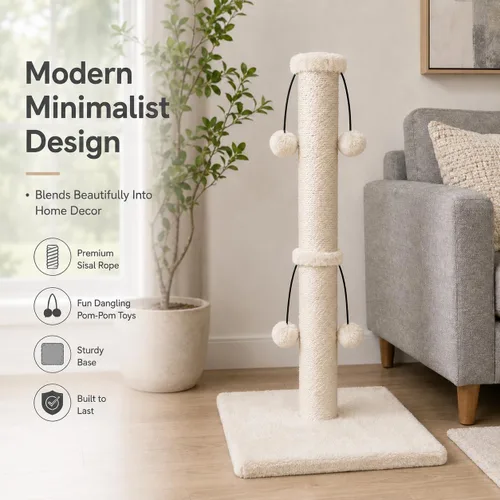 Vista 8 de Dimaka Poste rascador para gatos de 34 pulgadas, Poste rascador para gatos, Rascador para gatos grandes con pelota de juguete tentadora, Sisal Beige