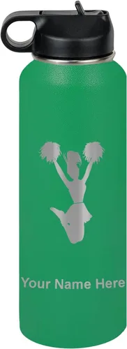 Vista 54 de LaserGram Botella de agua con tapa abatible de doble pared de 12 onzas con pajita, animadora, grabado personalizado incluido (negro)