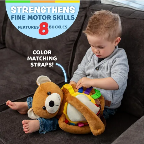 Vista 3 de Buckle Toys Mochila de oso - Mochila para niños pequeños y actividad de aprendizaje de animales de peluche, desarrolla habilidades motoras finas