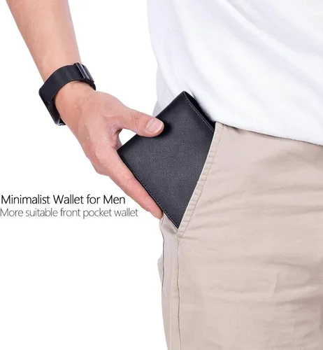Vista 3 de OFAMOUS Cartera de cuero para hombre con bolsillo para monedas ventana de identificación abatible bloqueo RFID billetera delgada con bolsillo