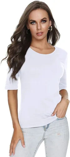 Vista 2 de RightPerson Camiseta básica de media manga con cuello redondo para mujer, elástica, casual, de algodón