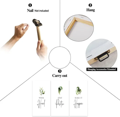 Vista 5 de Arte de pared inspirador de 3 piezas, imagen de refranes de plantas blancas, citas de trabajo y estadía, impresiones en lienzo para decoración