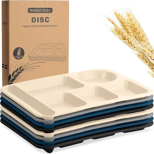 Vista 8 de Pinkunn 8 platos divididos irrompibles grandes de 14 pulgadas para niños y adultos, bandeja de paja de trigo apta para lavavajillas, microondas