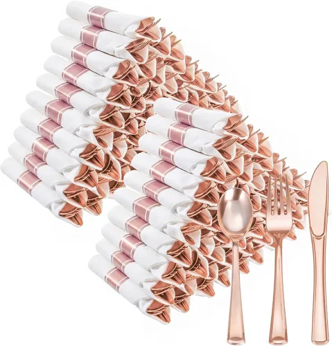 Vista 18 de Goodluck 100 Pack Pre Rolled Gold Plastic Silverware, Wrapped Cutlery