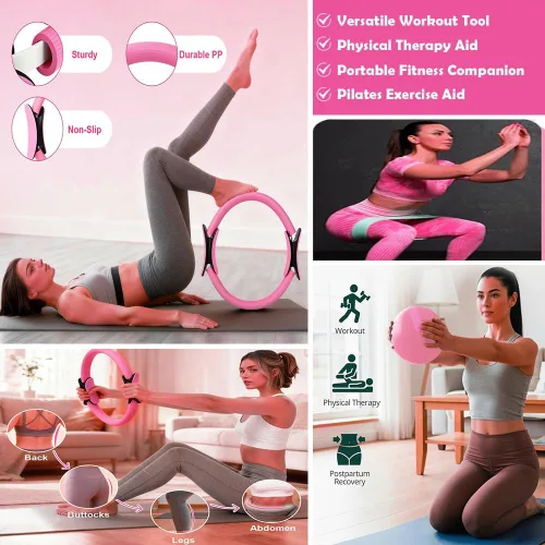Vista 5 de Juego de anillos de pilates profesional con más de 16 piezas, círculo mágico antidoblez de 14 pulgadas, bandas de resistencia, pelota de yoga, guía