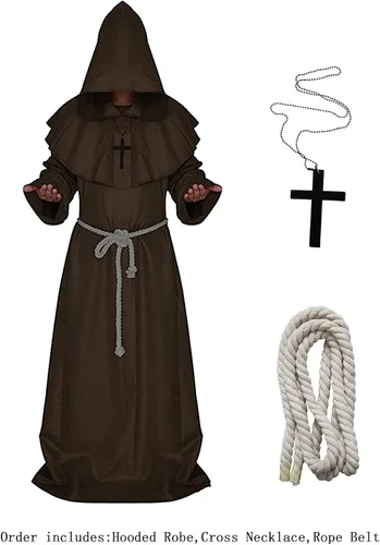 Vista 3 de Disfraz de monje renacentista medieval con capucha tipo Fraile disfraz de cosplay