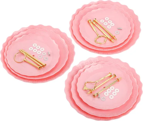 Vista 8 de Tosnail Paquete de 3 bandejas de plástico rosa para cupcakes de 3 niveles, soporte para postres con barra dorada de 3 estilos, bandejas de servir