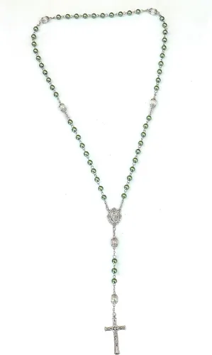 Vista 6 de Nazareth Store - Collar de cuentas de perlas rosario blanco Padre Nuestro con medalla de Lourdes y crucifijo de cruz devoción espiritual