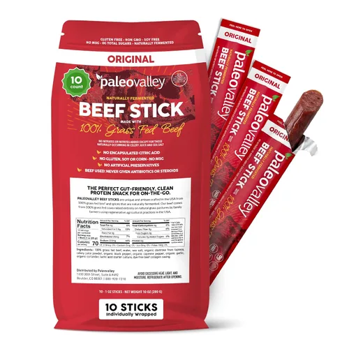 Vista 7 de Paleovalley: Palitos de carne 100% alimentados con pasto – Bocadillo orgánico paleo y keto con probióticos naturales – 40 palitos de carne seca