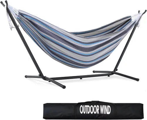 Vista 15 de Hamaca doble ajustable de capacidad de 550 libras con soporte de acero resistente de 10 pies, incluye funda de transporte portátil, fácil de Azul