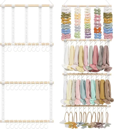 Vista 18 de POVETIRE Organizador de lazos para el pelo con soporte para diadema para niñas, organizador de almacenamiento para diademas y accesorios para bebé