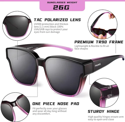 Vista 4 de Gafas de sol que se ajustan sobre las gafas de sol para mujer, protección UV, polarizadas, grandes, redondas, ojo de gato, gafas de sol de gran