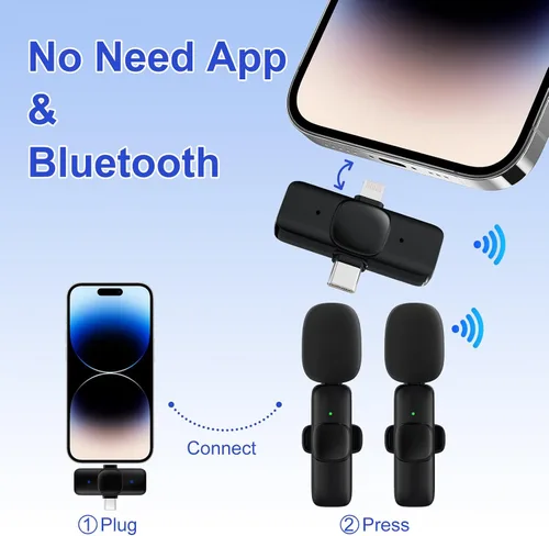Vista 3 de JUDKIOM Paquete de 2 micrófonos inalámbricos Lavalier para iPhone, Android, USB C, micrófonos con clip, micrófono de solapa Bluetooth para grabación