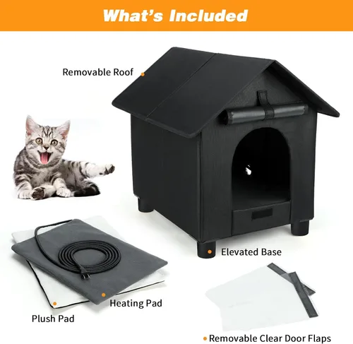 Vista 6 de Casas térmicas para gatos en invierno, impermeables, casa para gatos con calefacción elevada, aislada, exterior, refugio con puerta de escape