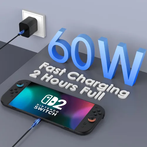 Vista 2 de 60W Charger for Nintendo Switch 2, Fast Charging USB C Cable for Switch 2 Accessories, AC Adapter with 5FT Cable Compatible with Nintendo