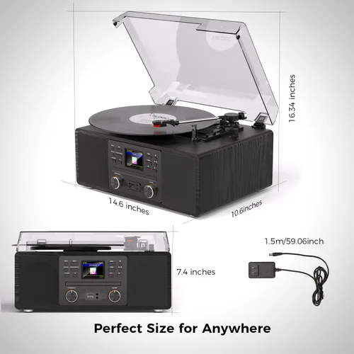 Vista 7 de Tocadiscos de vinilo Bluetooth con CD y radio por Internet, tocadiscos de 3 velocidades con grabación USB, salida AUX/RCA, control remoto y tono