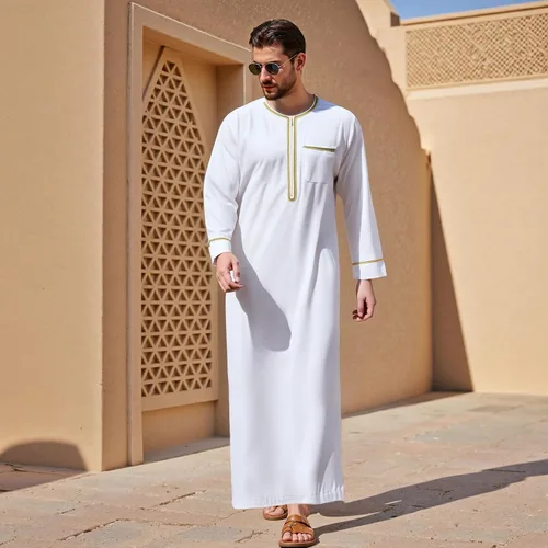 Vista 4 de Ropa musulmana para hombres Ropa islámica Umrah árabe Thobe Kaftan Blanco