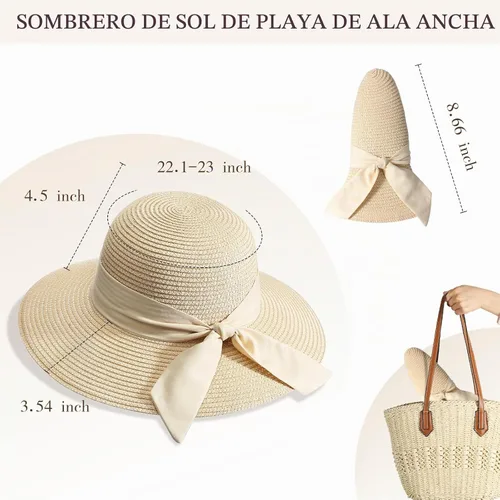 Vista 3 de Beach Hats for Women, Sun Straw Hat for Women, UPF 50+ UV Foldable Sun Hat Beige