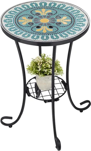 Vista 13 de VCUTEKA Mesa auxiliar de mosaico para exteriores, mesa de patio, mesa de decoración de mosaico, marco de metal, mesas auxiliares pequeñas, porche