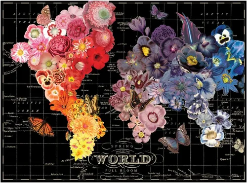 Vista 2 de Rompecabezas Galison de mapamundi en plena floración 1000-piezas Flower Map Art, Botanical Artwork, Nature Gift, TravelChallenging, Recycled